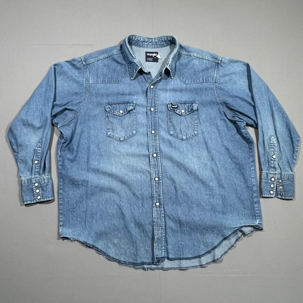 Wrangler Denim Western Shirt X-Long Tails Pearl Snap Big Man Fit Blue Mens 19-35